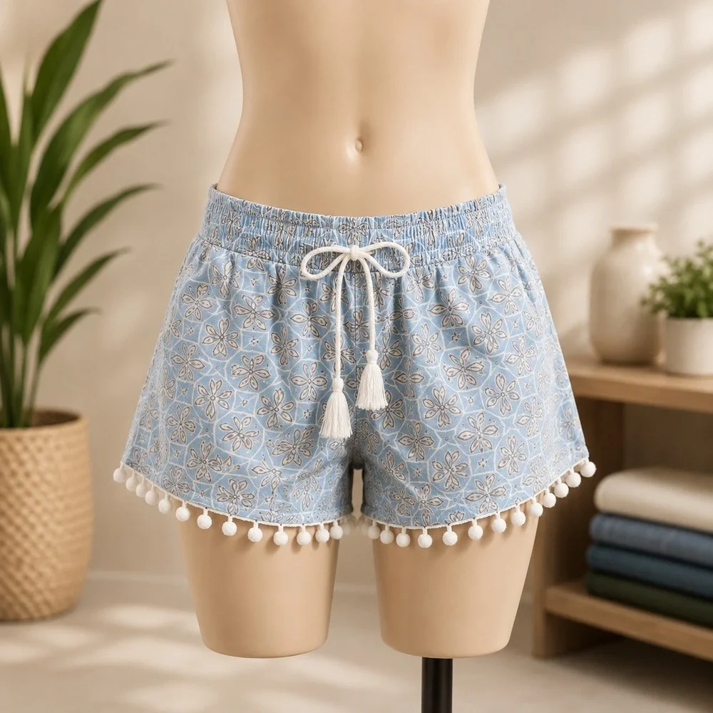 NWT Cupshe Beach Shorts Womens Medium Blue Geometric Pom Pom Tassel Cover Up